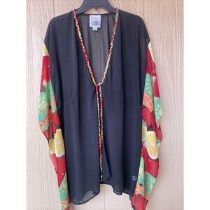 Very Vollbrach Black Fruit Print Trim Beach Cover Up Kimono SZ XS Artsy Flowy
